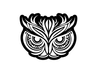 Polinezya sembollü siyah beyaz baykuş yüzü dövmesi..