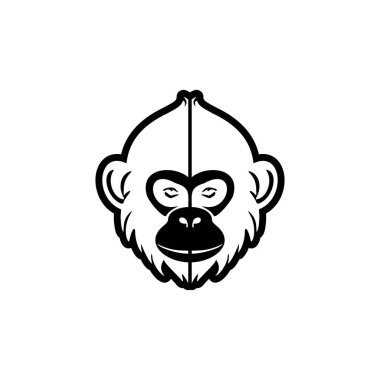 Siyah ve beyaz maymun vektör logosu ustalıkla saf beyaz arka planda izole edilmiştir..