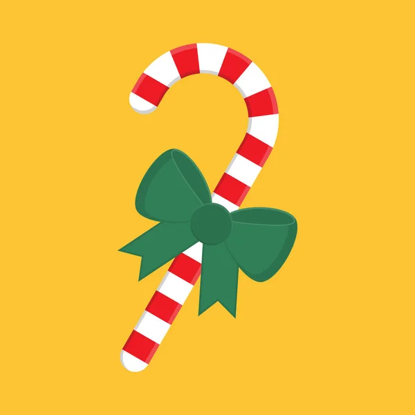 圣诞糖果手杖 绿色弓形 黄色背景隔离 矢量说明 — 图库矢量图片