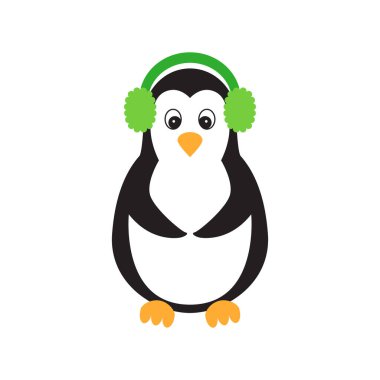 Beyaz arka planda yünlü kulaklıklı düz ikon penguen. Vektör illüstrasyonu.