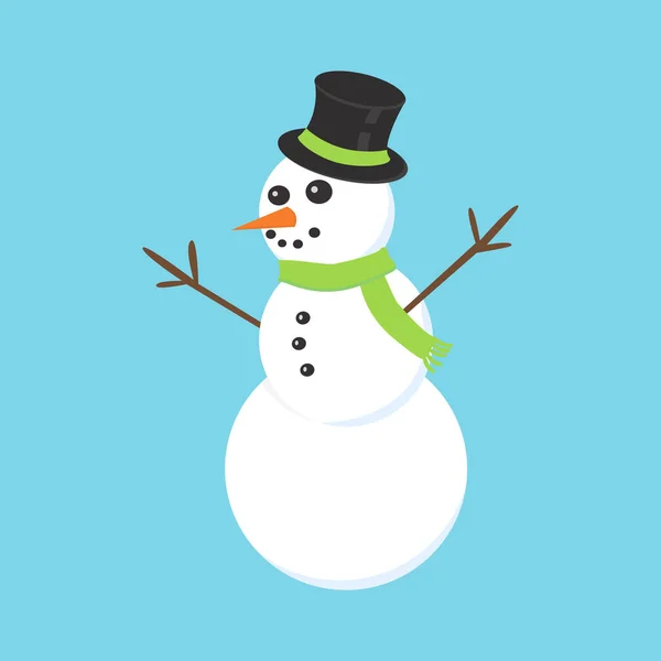 Flat Icon Snowman Met Groene Sjaal Geïsoleerd Blauwe Achtergrond Vectorillustratie — Stockvector