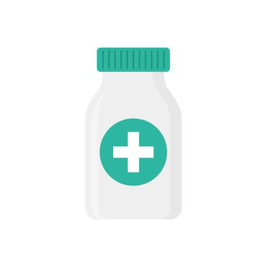 Düz simge ilacı beyaz arkaplanda izole edilmiş. Vektör illüstrasyonu.