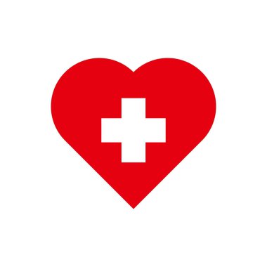 Kırmızı kalpte düz beyaz haç beyaz arka planda izole edilmiş. Tıbbi bir ikon. Vektör illüstrasyonu.
