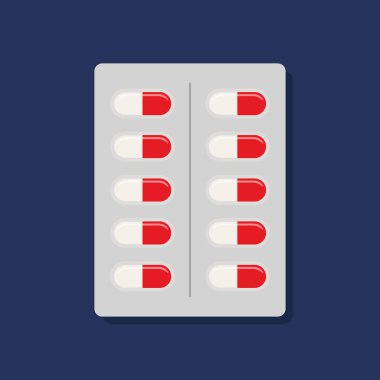 Düz beyaz-kırmızı haplar mavi arka planda izole edilmiş. Vektör illüstrasyonu.