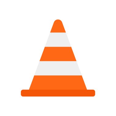 Beyaz arka planda turuncu ve beyaz çizgili düz ikon trafik konisi. Vektör illüstrasyonu.