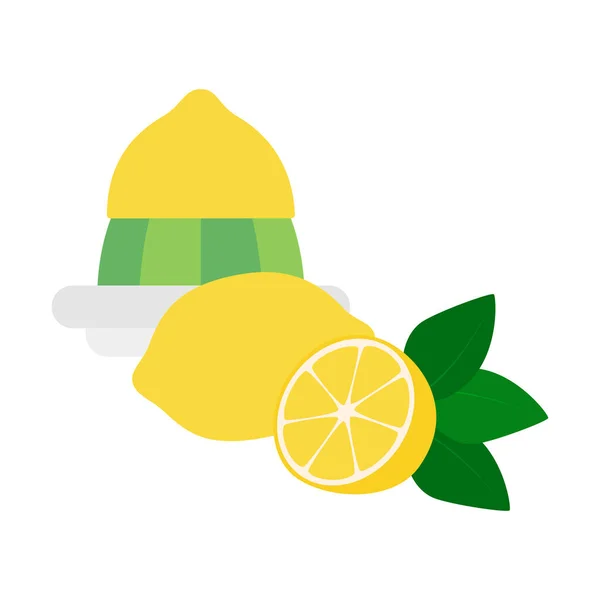 Exprimidor Limón Icono Plano Con Limón Entero Mitad Limón Aislado — Vector de stock