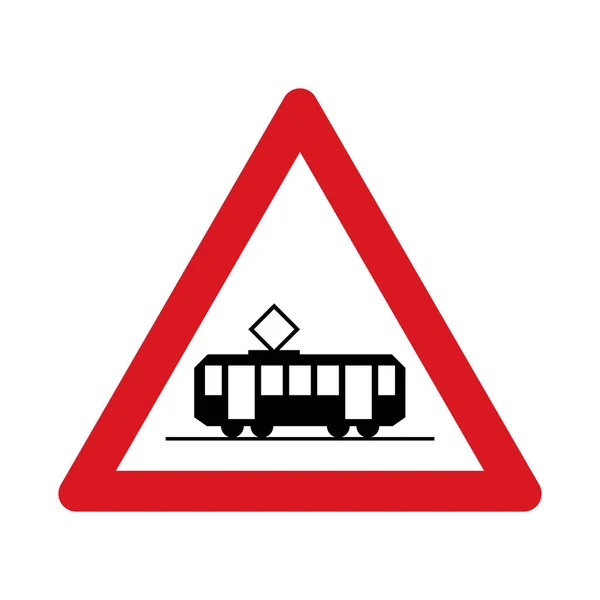 有轨电车交通标志警告 白色背景上孤立的交通标志 矢量说明 — 图库矢量图片