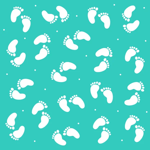 Naadloos Patroon Met Babyvoetafdrukken Geïsoleerd Turquoise Achtergrond Vectorillustratie — Stockvector