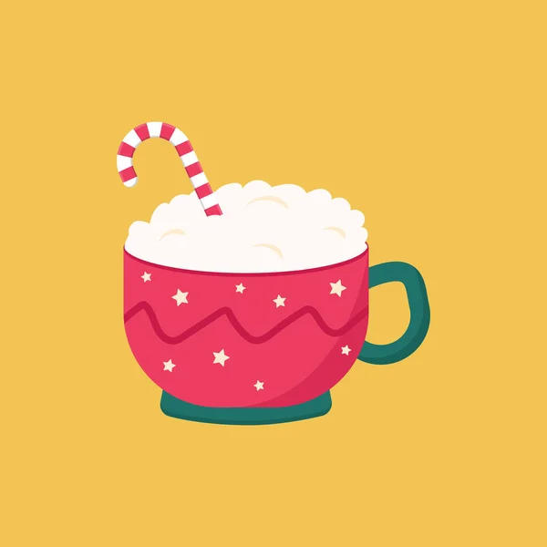 Flat Icon Cup Hot Chocolate Christmas Candy Cane Isolated Yellow — Stock Vector