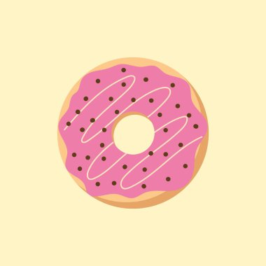 Düz ikon çilekli çörek, beyaz çikolata soslu ve açık sarı arka planda izole edilmiş çikolata dekoru. Vektör illüstrasyonu.