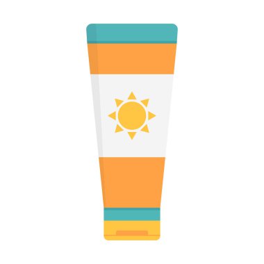 Düz ikon güneş kremi beyaz arkaplanda izole edilmiş. Plajda yaz tatili kavramı. Vektör illüstrasyonu.