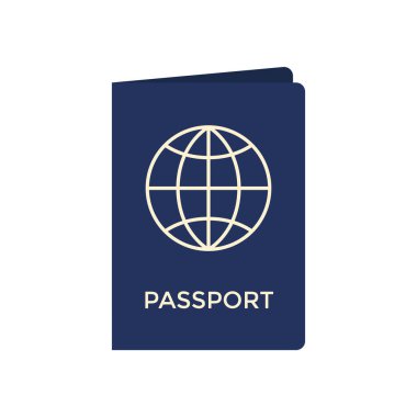 Düz mavi pasaport beyaz arkaplanda izole edildi. Seyahat pasaportu. Vektör illüstrasyonu.