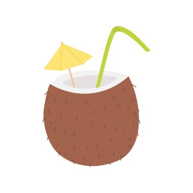 Beyaz arka planda saman ve şemsiyeli düz hindistan cevizi. Vektör illüstrasyonu.