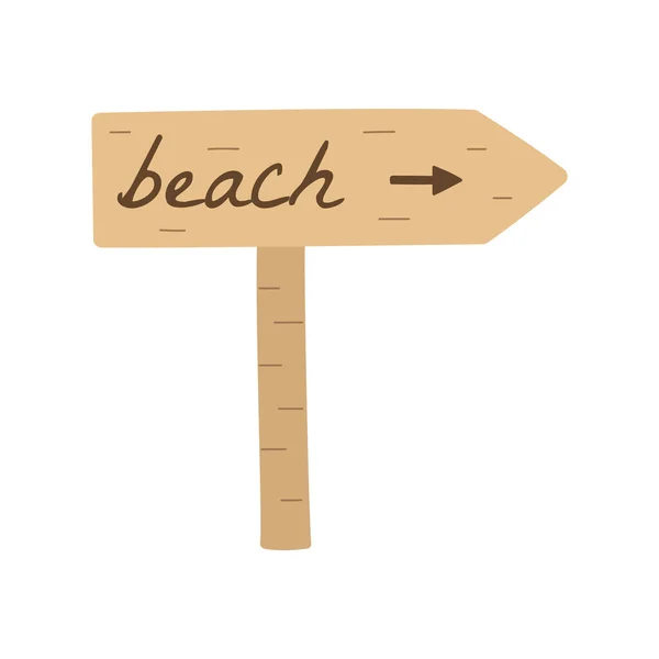 Плоская Икона Деревянный Дорожный Знак Пляжу Изолированы Белом Фоне Векторная — стоковый вектор