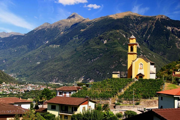 Τοπίο Θέα Βουνά Και Μικρή Κίτρινη Εκκλησία Στην Πόλη Bellinzona — Φωτογραφία Αρχείου