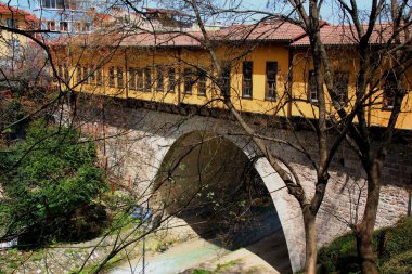 Türkiye 'nin Bursa kentindeki ağaçların ön planında bulunan nehrin üzerindeki sarı kemerli Setbasi Koprusu köprüsünün görüntüsü