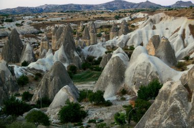 Türkiye 'nin başkenti Kapadokya' nın Goreme ilçesindeki Beyaz Vadi 'de mantar şekilli dağlarla (Peri Bacaları olarak da bilinir) manzara