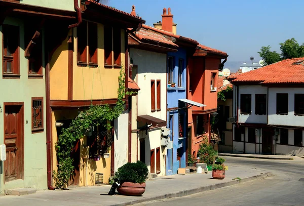 Vista Rua Com Casas Antigas Coloridas Com Gato Primeiro Plano — Fotografia de Stock