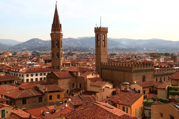 Panoramatický Výhled Historické Centrum Florencie Budovou Palazzo Vecchio Klášterem Badia — Stock fotografie