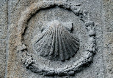 Santiago de Compostela, İspanya - 28 Kasım 2021: St. James Katedrali 'nin duvarında bir taş yumuşakça kabuğu fotoğrafı, hacıların ve Camino de Santiago' nun sembolü.