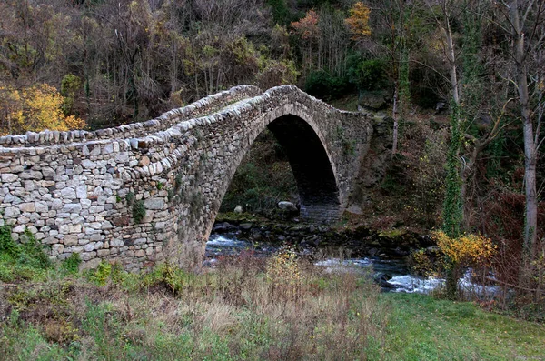 Landschaftsaufnahme Der Steinernen Bogenbrücke Pont Margineda Über Den Fluss Valira — Stockfoto