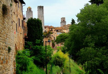 Siena, Toskana, İtalya yakınlarındaki San Gimignano 'nun tarihi kesimindeki ortaçağ kuleleri ve bitkilerinin fotoğrafı