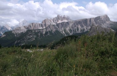 İtalya 'nın Güney Tyrol bölgesinde, Dolomitler' de bulutlu bir gökyüzüne karşı önplanda uzun otlar olan dağlar ve çayırlar manzaralı manzara.