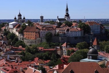 Kubbe Katedrali 'nin (Toomkirik), Pikk Hermann Kulesi' nin ve Tallinn, Estonya 'nın tarihi bölümündeki eski kasabanın bir kısmını çevreleyen duvarların havadan görüntüsü.