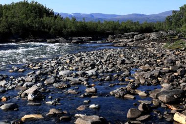 İsveç 'in kuzeyindeki Abisko Ulusal Parkı' nda Abisko Kanyonu 'nun arka planında dağları olan bir nehrin manzara fotoğrafı.