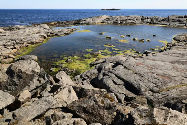 Norveç 'in Lofoten Adaları' ndaki A köyünün deniz körfezi manzaralı manzara ve kayalık sahili.