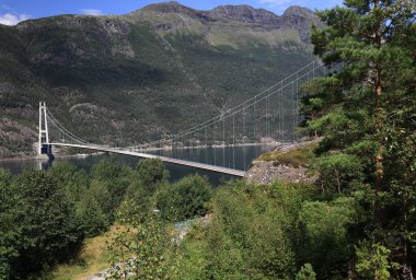 Norveç 'in Bergen şehrinin arka planında Hardangerbrua köprüsü ve dağlar manzaralı manzara fotoğrafı