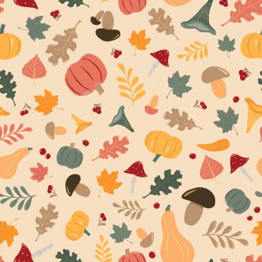 Dökülen yapraklar, mantarlar, balkabakları, böğürtlenler. Tekstil, ambalaj ve Şükran Günü kartları için harika.