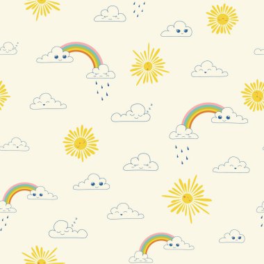 Seamless vector pattern with cute rainbow, kawaii cloud and sun. Vector illustration