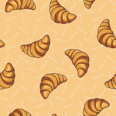 Croissants on a baking sheet, seamless vector pattern. Great for wrapping, backgrounds, scrapbook