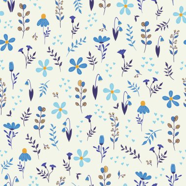  Seamless vector repeat pattern, cute cartoon flowers, great for backgrounds, scrapbook, textile. Vector illustration