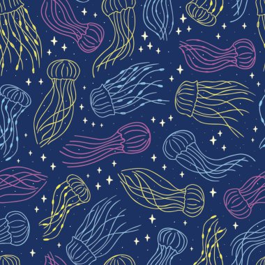 Seamless vector pattern with neon jellyfish. Great for textile, backgrounds, scrapbook. Vector illustration