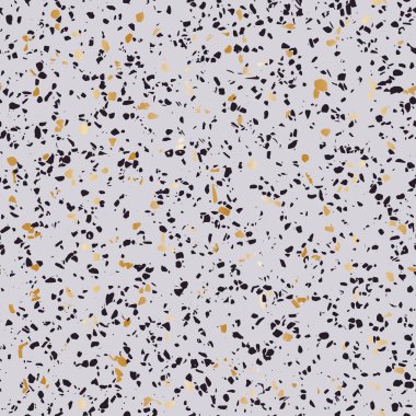 Gri arka planda siyah ve altın sarısı terrazzo. Paketleme, hatıra defteri, ambalaj kağıdı için harika. Vektör illüstrasyonu