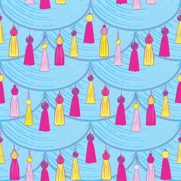 ブルーの背景にカラフルなタッセルガーランドとシームレスなパターン織物包装のための素晴らしい ベクターイラスト — ストックベクタ