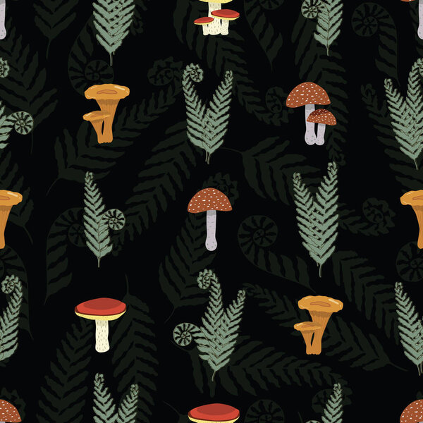 Seamless vector pattern, mushrooms and fern, fungi. Great for textile, packaging, wrapping. Vector illustration