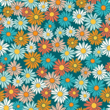 Retro renkli papatyaların kusursuz vektör deseni tekstil paketleme albümü için birebirdir. Vektör illüstrasyonu