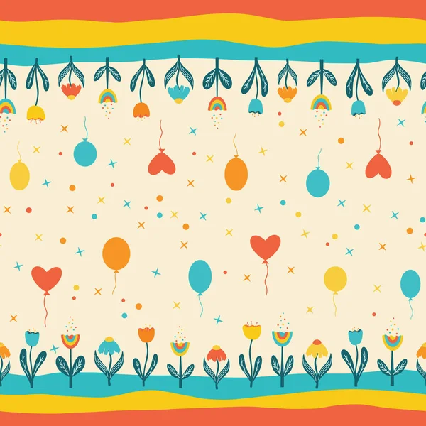 シームレスベクトル水平境界線の誕生日をテーマにした花風船 ベクターイラスト — ストックベクタ