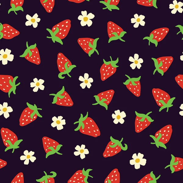 Sømløs Vektormønster Med Jordbær Blomster Mørk Bakgrunn Tekstiler Innpakning Innpakning – stockvektor