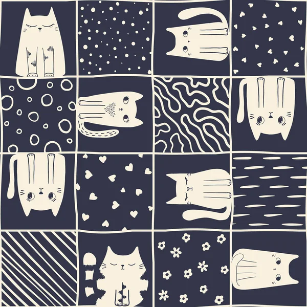 Seamless vector pattern clash cats checkers textile wrapping scrapbook packaging. Vector illustration