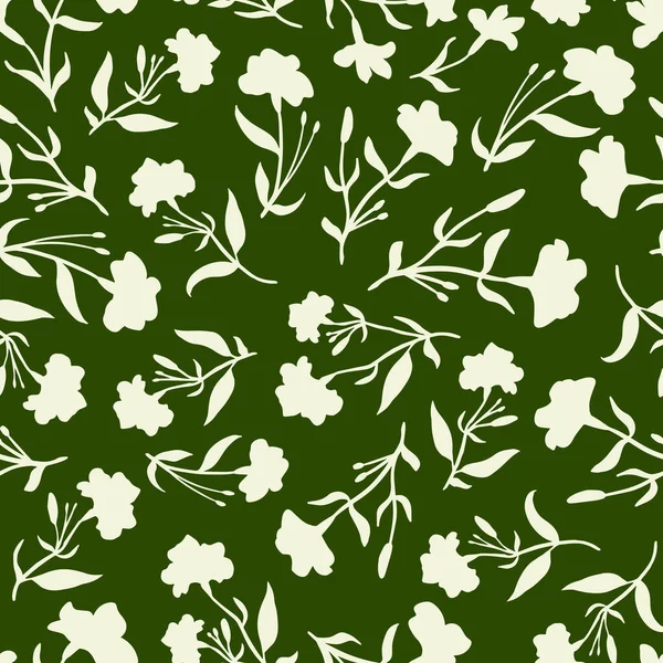 Kusursuz Vektör Desenli Beyaz Çiçek Siluetleri Koyu Yeşil Tekstil Ambalaj — Stok Vektör