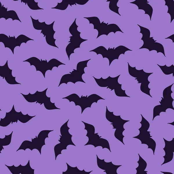 无缝线向量图案深紫色恐怖蝙蝠轮廓在紫色 半圆形之间 纺织品 剪贴簿 矢量说明 — 图库矢量图片