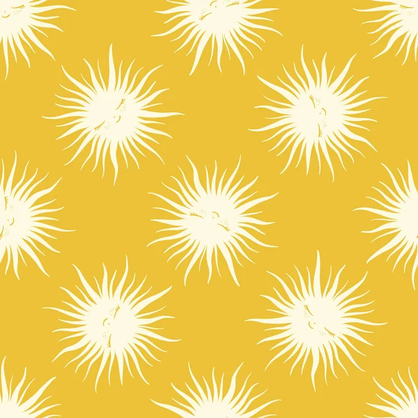 Nahtloses Vektormuster Schläfriger Smiley Weiße Sonne Auf Gelb Nahtlos Vektorillustration — Stockvektor