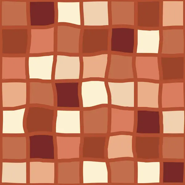 갈색과 베이지색 사각형의 그늘로 채워진 손으로 그리드와 원활한 패턴입니다 일러스트 — 스톡 벡터