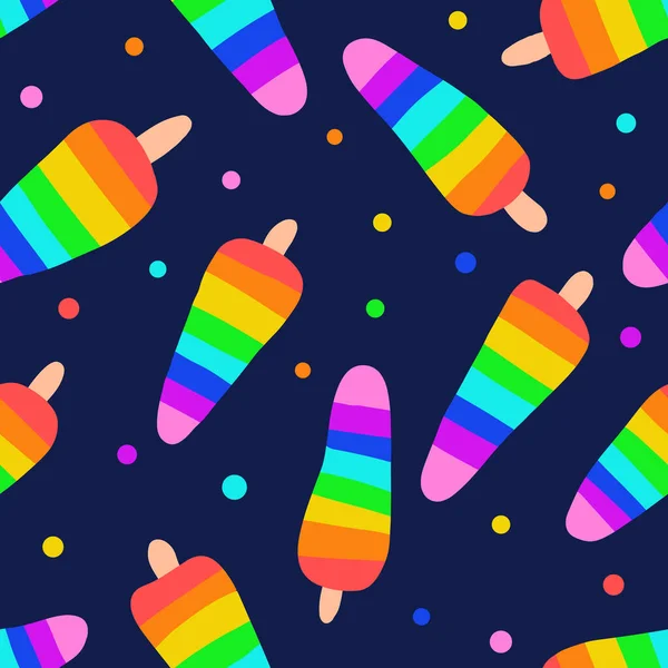 Rainbow Popsicle Sømløs Vektor Mønster Marineblå Bakgrunn Iskremmønster Barn Tekstil – stockvektor