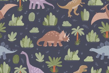 Dinozorlar Kusursuz Vektör Deseni, Çizgili Sanat Dinozorları Çocuklar Kusursuz Tekrarı Tasarımı, Tekstil Albümü. Vektör illüstrasyonu