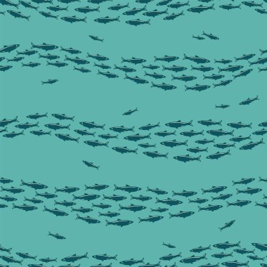 Kusursuz vektör desenli balık sürüsü. Sardalyalar. Tekstil, ambalaj, albüm, ambalaj. Vektör illüstrasyonu